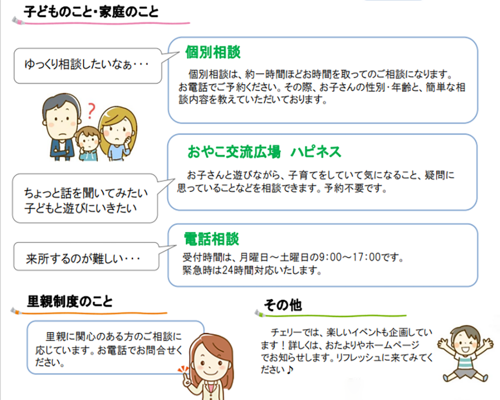 誰かに話を聴いてほしい。直接会って話すのはちょっと…でも相談したい。こんな時はお気軽にお電話下さい。（月～土｜9:00～17:00）来所相談はお電話でご予約下さい。『子育て講座』子育てのこと、日常のこと、お子さんの成長のこと、皆様でお話していきます。